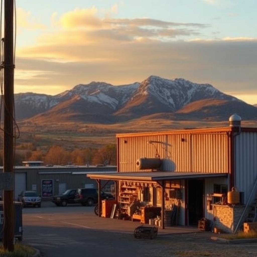 Rapid City South Dakota manufacturing shop with Black Hills at golden hour