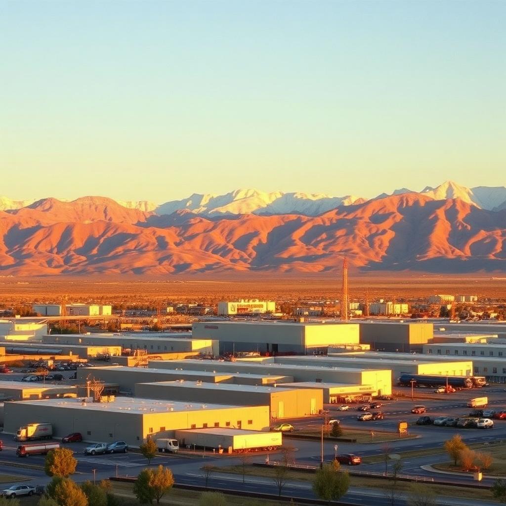 Reno Nevada industrial park with light manufacturing buildings and Sierra Nevada mountains at golden hour