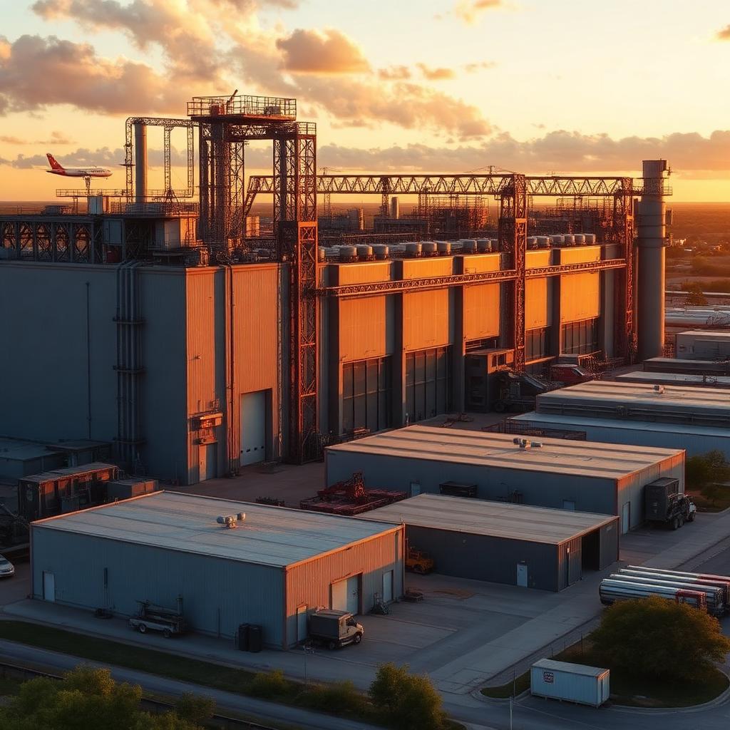 San Antonio Texas aerospace and industrial manufacturing facility at golden hour