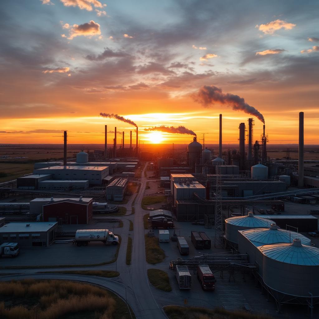 Sioux Falls South Dakota food processing plant on the plains at golden hour