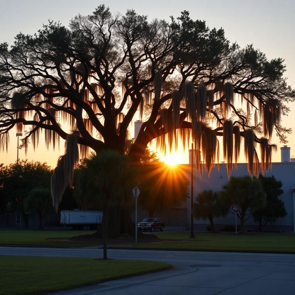 Tallahassee Florida light manufacturing facility with live oaks and Spanish moss at golden hour