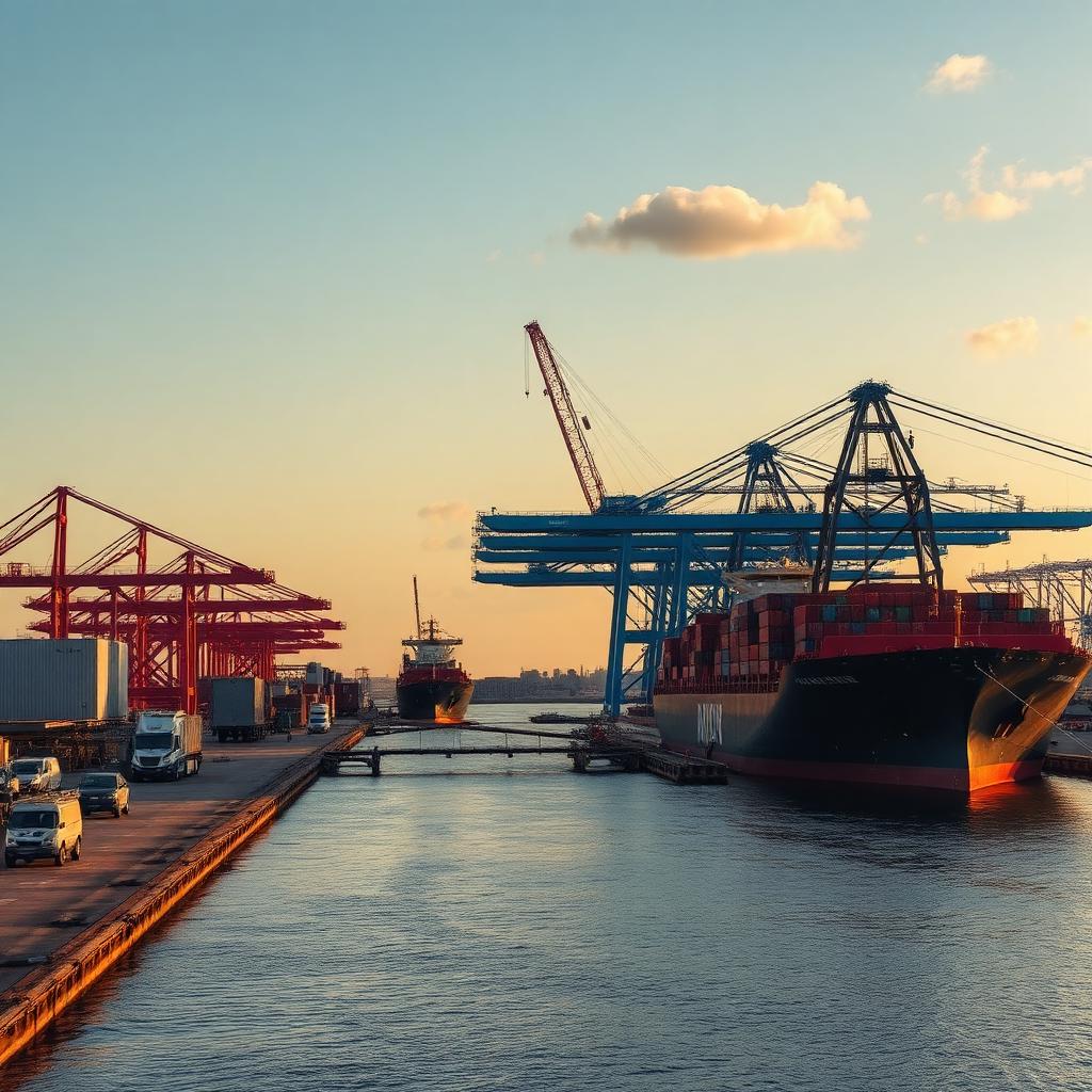 Tampa Florida industrial port with fabrication shops and shipping infrastructure at golden hour